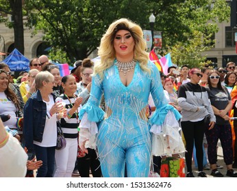 Worcester Massachusetts/USA 09/07/2019 Lady Sabrina - Meryl Streep Impersonator from Mama Mia in Aqua blue Cat Suit at the Worcester Pride Parade