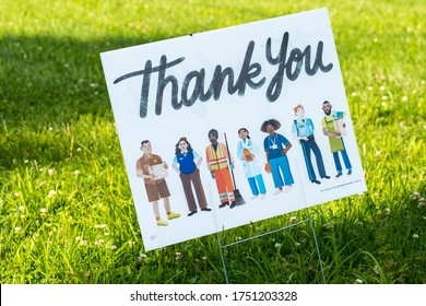 Worcester, PA - June 6, 2020: This Thank You Sign On A Green Lawn Thanks Essential Workers During The Corona Virus Pandemic.