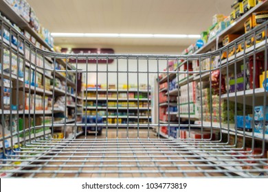 Worcester (UK) - September 2017: View Along A Supermarket Aisle From Within A Trolley