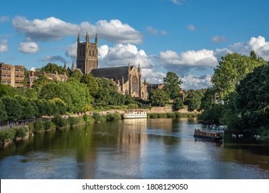 Worcester, Worcestershire / UK - 18-08-2020: Worcester Cathedral by the Severn river
