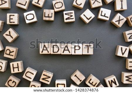 the word adapt wooden cubes with burnt letters, adaptation in the new team, gray background top view, scattered cubes around random letters
