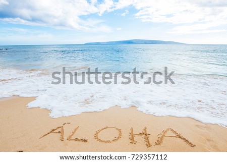 The word Aloha written in sand at the beach