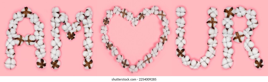 Word amour from french language means love, made of cotton flowers. Concept of organic candid true love. Letter made in shape of heart of cotton bud. Pink background - Shutterstock ID 2254009285
