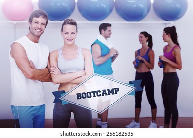 The Word Bootcamp And Smiling Couple With Fitness Class In Background Against Badge