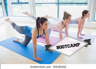 The Word Bootcamp And Women On Mats At Yoga Class Against Badge