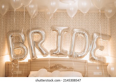 Word Bride Made From Golden Balloons At Wedding Bachelorette Party In Hotel Bedroom