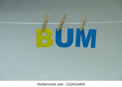Word 'Bum' on white background. A bum is a person who has no permanent home or job and who gets money by working occasionally or by asking people for money.