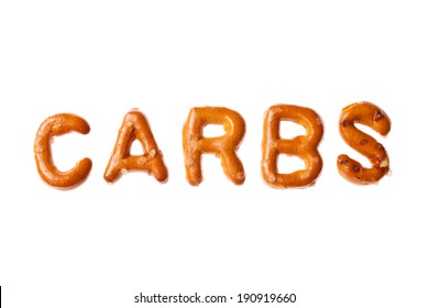 Word CARBS Written, Laid-out, With Crispy Alphabet Pretzels Isolated On White Background