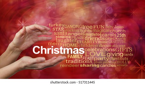 Word Cloud for Christmas - female hands and a CHRISTMAS word cloud on a sparkling glittery red bokeh background - Shutterstock ID 517311445