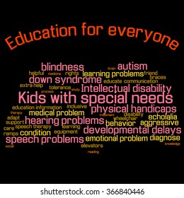 Word Cloud (collage). Children With Special Needs Education. Book Shape, Colorful Words, Black Background. Illustration For Web Or Typography (magazine, Brochure, Flyer, Poster), EPS 10.