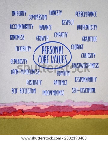 word cloud of potential personal core values - text on art paper, personal development concept