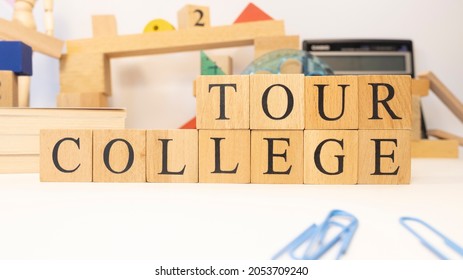 The Word College Tour Was Created From Wooden Cubes. Close Up