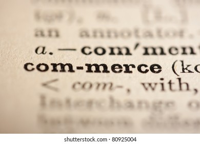 Word commerce from the old dictionary, a close up.