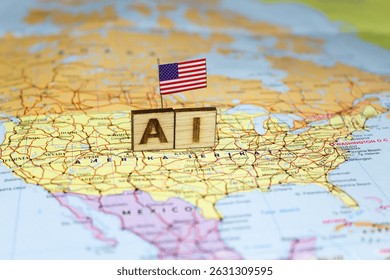 The word “AI” is composed of wooden blocks on a map of the United States with the US flag, reflecting the advancement of artificial intelligence in the American economic and technological landscape - Powered by Shutterstock - Get 15% off with code: PIKWIZARD15