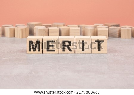 Word cubes lined up with the letters Merit written on it. Copy space available.