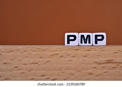 Word cubes lined up with the letters PMP written on it. It is an abbreviation for Project Management Professional. Copy space available.