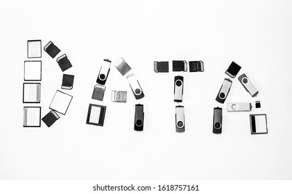 The word data spelled with memory cards and thumbdrives