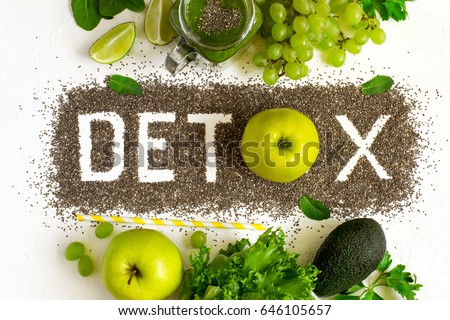 Word detox is made from chia seeds. Green smoothies and ingredients. Concept of diet, cleansing the body, healthy eating.