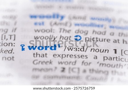 Word in a dictionary. Selective focus, close up.