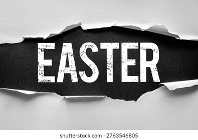 Word EASTER revealed through a torn paper background with a bold, textured font. Concept image for holiday, celebration, resurrection, religion, springtime, or festive announcement