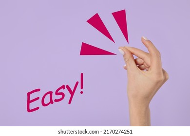 Word Easy and woman snapping fingers on violet background, closeup