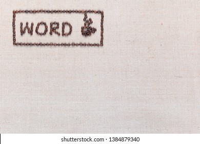 Word enclosed in rectangle with a side cup of coffee made from roasted coffee beans on creamy linea canvas, aligned top left.