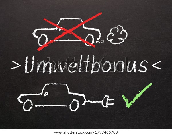 The word Environmental bonus in German on a\
blackboard, a car with exhaust fumes crossed out in red and an\
electric car found to be\
good.