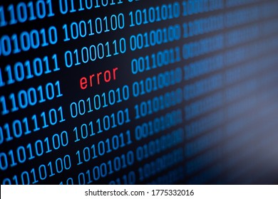 Word error, written in red on blue binary code number background. Concept of mistake, failure