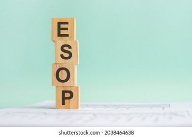 word ESOP with wood building blocks, light gray background. document with numbers on background, business concept. space for text in right. front view. esop - EMPLOYEE STOCK OWNERSHIP PLAN