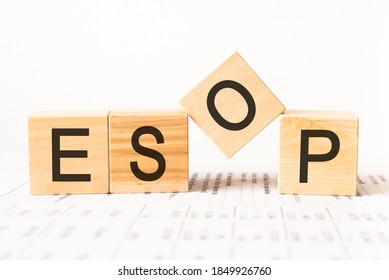 Word esop. Wooden small cubes with letters isolated on white background with copy space available