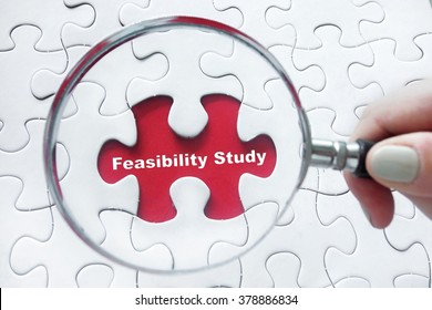 Word Feasibility Study with hand holding magnifying glass over jigsaw puzzle - Shutterstock ID 378886834