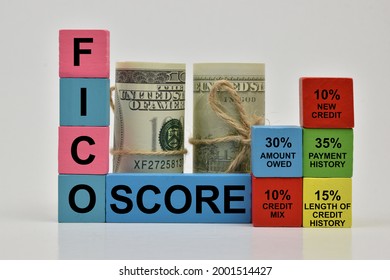 The word FICO SCORE on a colored block of wood. FICO Score is a credit score created by Fair Isaac Corporation intended for Lenders to assess borrowers with credit risk assessment methods