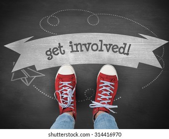 The word get involved! and casual shoes against black background - Shutterstock ID 314416970