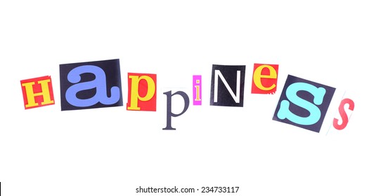Word "Happiness" made of colorful newspaper letters isolated on white