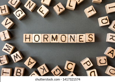 The Word Hormones Wooden Cubes With Burnt Letters, The Value Of Hormones In The Human Body, Gray Background Top View, Scattered Cubes Around Random Letters