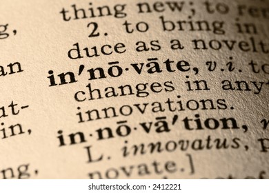 The Word Innovate. Close-up Of The Word Innovate And Innovation In A Dictionary.