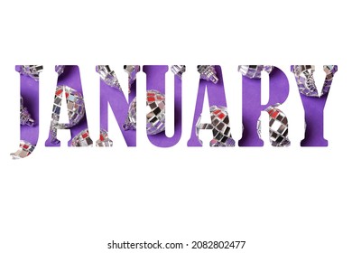 Word january from purple backround with chritmas disco balls isolated on white background