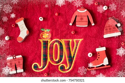 word JOY and christmas fashion costume decoration for winter and christmas time.Greeting card.Holiday concept.