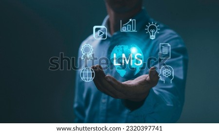 Word LMS with Learning Management System related icons. Learning management system concept for lessons and education online, course, application, education, learning, knowledge anywhere and anytime.