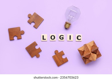 Word LOGIC with light bulb, wooden toy and puzzle pieces on lilac background - Shutterstock ID 2356703623