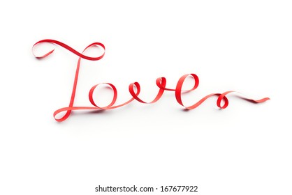 Word Love Made Of Red Ribbon, On White Background