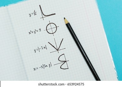 The word "Love" written by formulas and graphs of mathematical, concept.