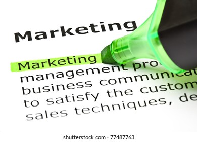 The Word Marketing Highlighted In Green With Felt Tip Pen.