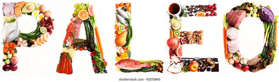 Word Paleo shaped out of Various Healthy Fresh Meats, Fish, Vegetables, Fruit, Tea, and Some Chocolate - Shutterstock ID 92076845