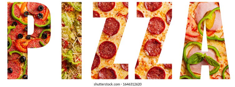 Word pizza with texture pattern of different pizzas for each letter.Concept for restaurants, posters, banners, advertisements and blogs. Isolated on a white background.