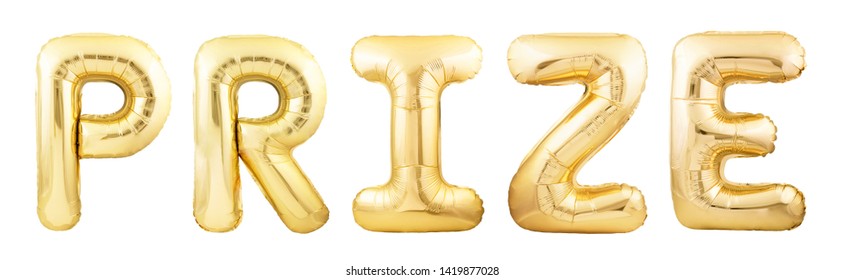 Word Prize Made Of Golden Inflatable Balloon Isolated On White Background. Party Balloons Forming Word Prize