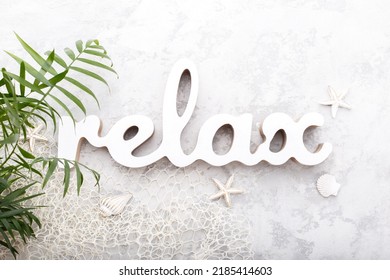 Word Relax And Sea Shells, Summer Holidays Concept Flat Lay