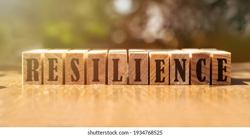 Word RESILIENCE Made With Building Wooden Blocks On Table In Sunlight.