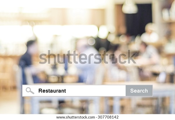 Word Restaurant written on search bar over blur\
restaurant background, web banner, restaurant reservation, food\
online, food delivery\
concept