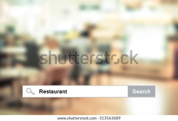 Word Restaurant written on search bar over blur\
restaurant background, web banner, restaurant reservation, food\
online, food delivery\
concept